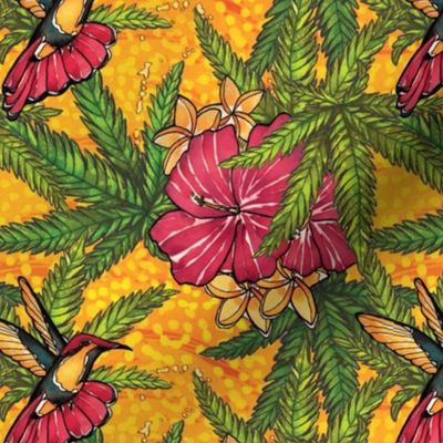 Batik Green Cannabis Leaves, Hummingbirds, and Hibiscus on Yellow