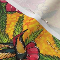 Batik Green Cannabis Leaves, Hummingbirds, and Hibiscus on Yellow