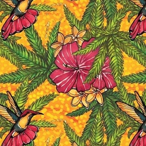 Batik Green Cannabis Leaves, Hummingbirds, and Hibiscus on Yellow