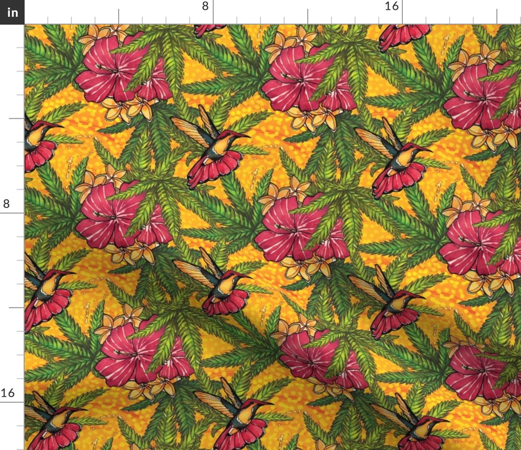 Batik Green Cannabis Leaves, Hummingbirds, and Hibiscus on Yellow