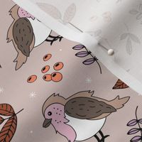 Little Christmas birds - Boho robin winter garden and leaves red pink on tan