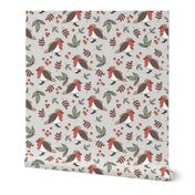 Little Christmas birds - Boho robin winter garden and leaves red sage green on sand gray