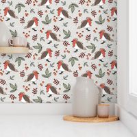 Little Christmas birds - Boho robin winter garden and leaves red sage green on sand gray