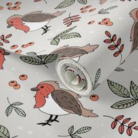 Little Christmas birds - Boho robin winter garden and leaves red sage green on sand gray