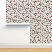 Little Christmas birds - Boho robin winter garden and leaves red sage green on sand gray