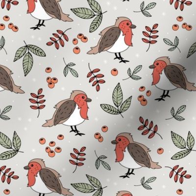 Little Christmas birds - Boho robin winter garden and leaves red sage green on sand gray