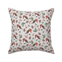 Little Christmas birds - Boho robin winter garden and leaves red sage green on sand gray