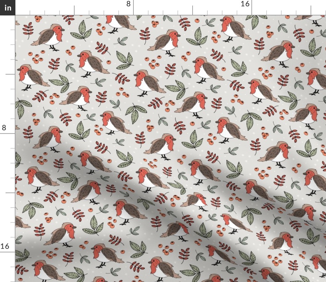 Little Christmas birds - Boho robin winter garden and leaves red sage green on sand gray