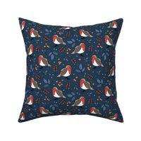 Little Christmas birds - Boho robin winter garden and leaves red blue navy night