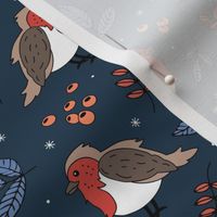 Little Christmas birds - Boho robin winter garden and leaves red blue navy night