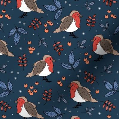 Little Christmas birds - Boho robin winter garden and leaves red blue navy night