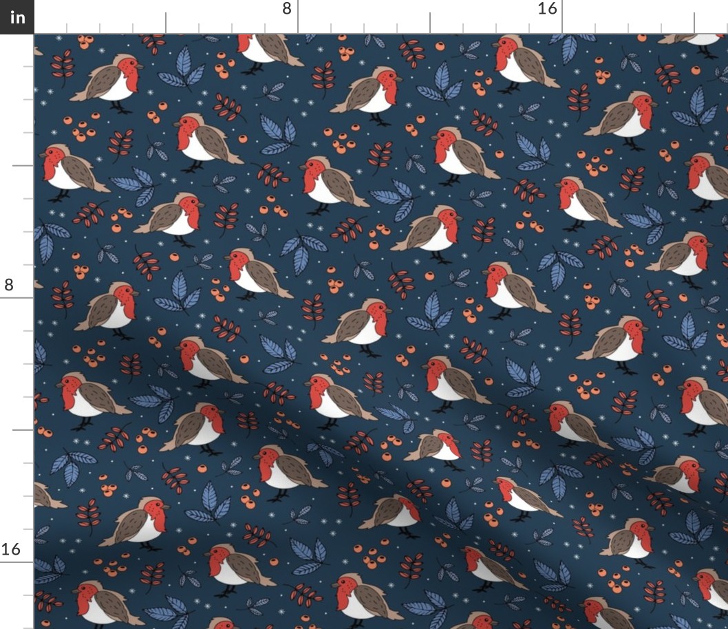 Little Christmas birds - Boho robin winter garden and leaves red blue navy night