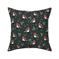 Little Christmas birds - Boho robin winter garden and leaves red sage green on pine