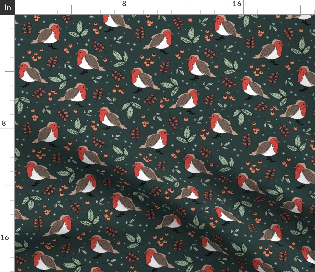 Little Christmas birds - Boho robin winter garden and leaves red sage green on pine