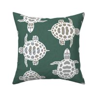 Calming turtles on pine green