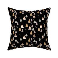 Winter wonderland Christmas trees hand drawn forest neutral caramel rust brown gray on black