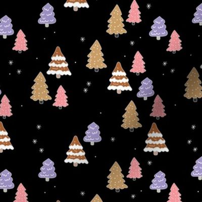 Winter wonderland Christmas trees hand drawn forest caramel rust pink lilac on black