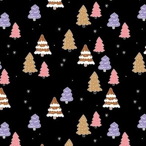 Winter wonderland Christmas trees hand drawn forest caramel rust pink lilac on black
