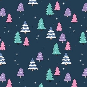 Winter wonderland Christmas trees hand drawn forest pink lilac purple on navy blue girls
