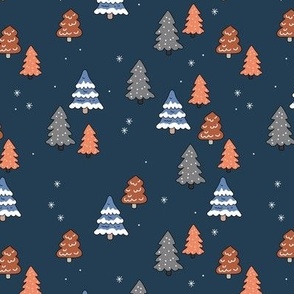Winter wonderland Christmas trees hand drawn forest caramel gray blue on navy boys