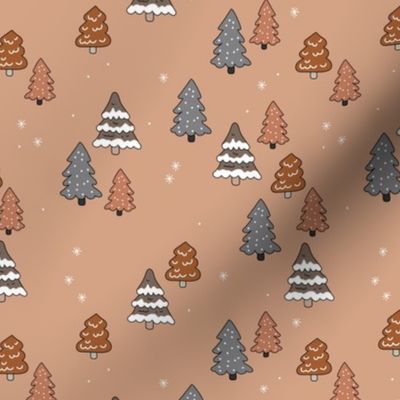 Winter wonderland Christmas trees hand drawn forest caramel gray brown seventies