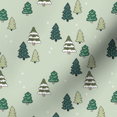Winter wonderland Christmas trees hand drawn forest in green sage on mint