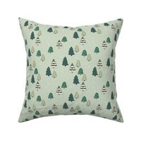 Winter wonderland Christmas trees hand drawn forest in green sage on mint
