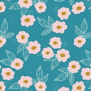 The blossom garden love bright daisy flowers and leaves bright summer design teal blue blush mustard yellow