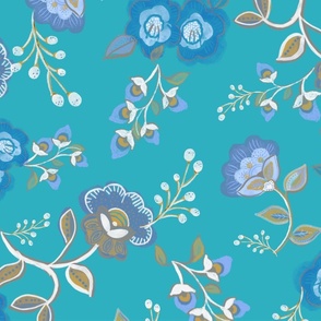 Folksy Blue Floral Wallpaper in Turquoise-large scale fabric