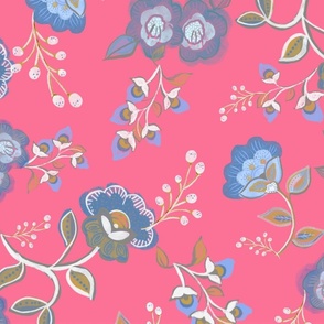 Pink Folk Artsy Floral Wallpaper - 21" Fabric
