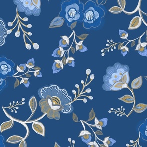 Folk Style Floral Wallpaper, Light Blue on Blue - Large Scale Fabric