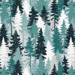  Small Scale / Pine Tree Camouflage / Teal Grey White Linen Textured Background