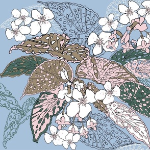 Calm palette begonia-sky blue-pine-mushroom-cotton candy pink
