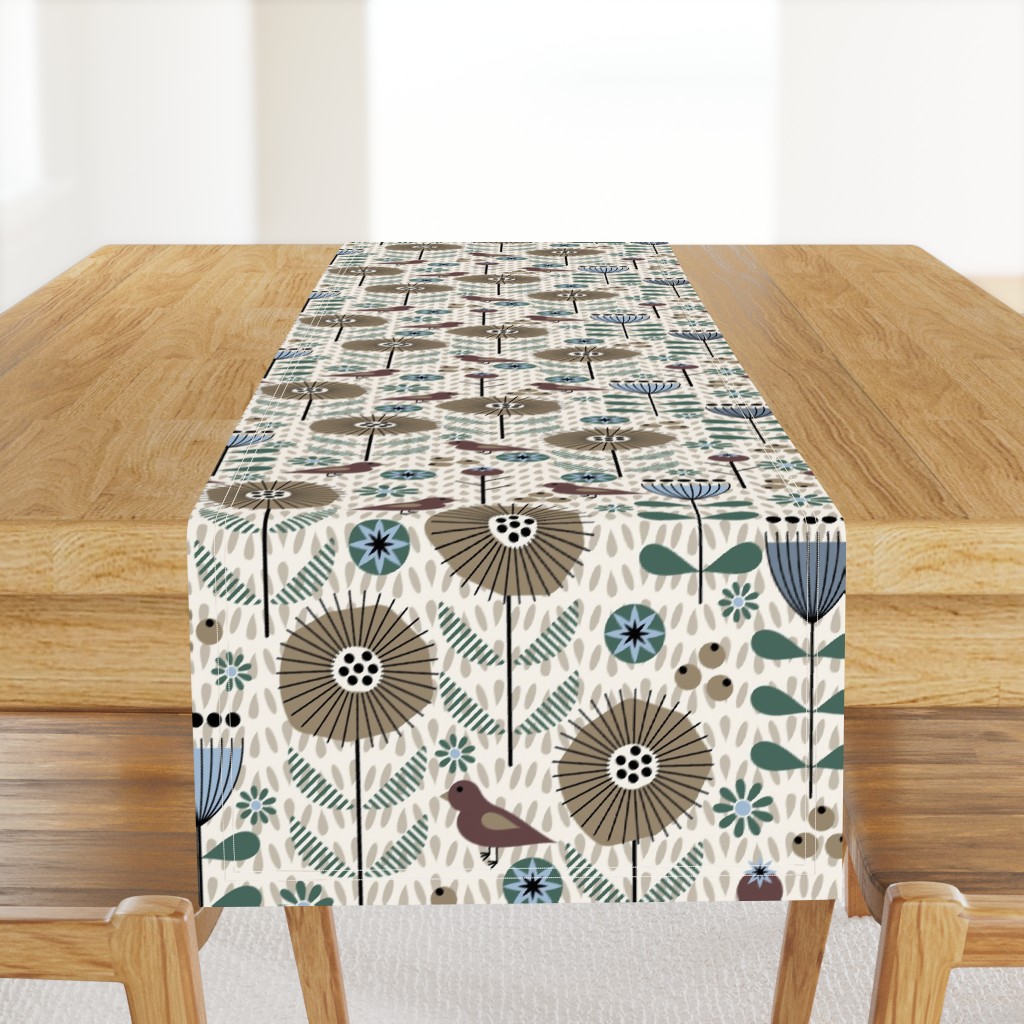 Calm Scandi Meadow / Folk Art / Floral / Birds Flowers / Blue Mushroom Cream / Large