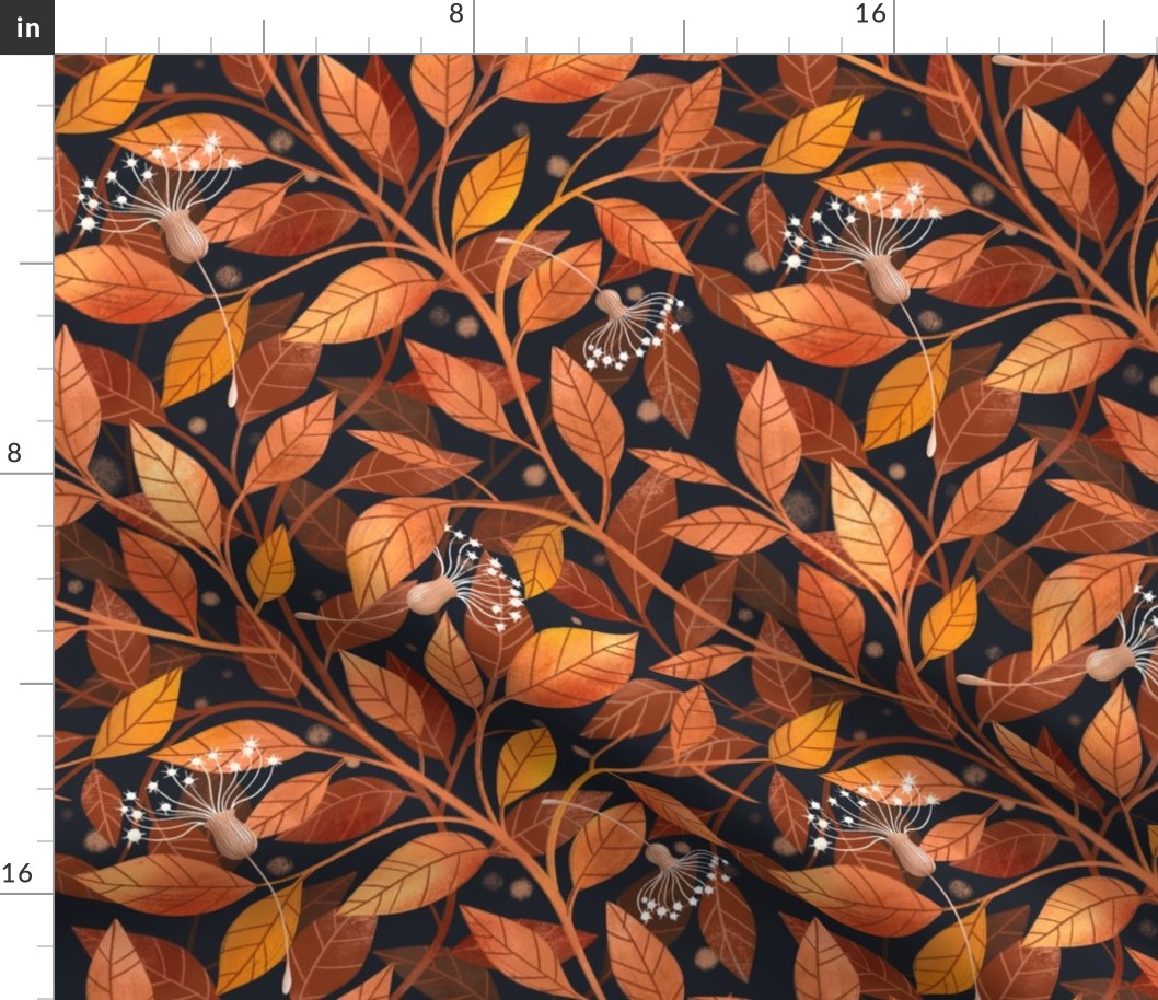 Warm orange and brown leaves large scale botanical wallpaper