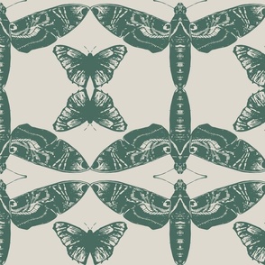 Sphinx Moth Butterfly Design, Pine Green on Beige