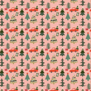 Christmas Tree Red Truck and Presents on Pink by Tiffani Evans