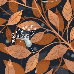 Blue dandelion seeds and brown ochre leaves large scale floral wallpaper