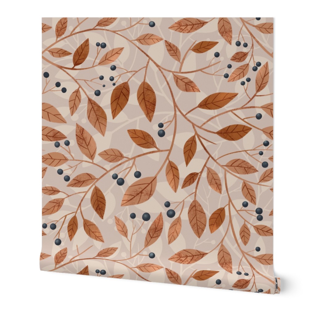 Cozy Fall Botanical Design with blue berries and brown leaves 