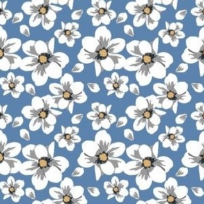Magnolia Flowers small print blue denim white flowers fabric