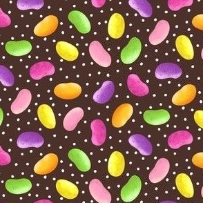 Colorful Jelly Beans on Chocolate Brown with Polka Dots
