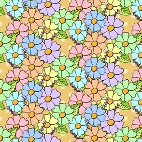 (Small 7x2.5) rainbow pastel flowers with dusty orange dbackground / see collections 