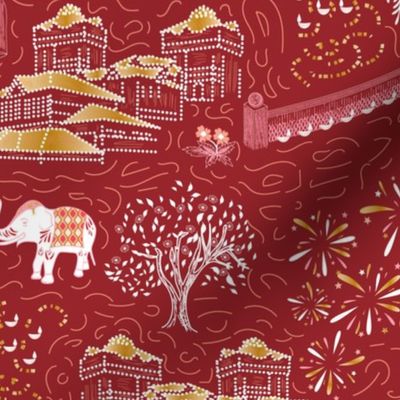 Celebration Toile- Festival of Lights- White and Gold on Ruby Red- Regular Scale