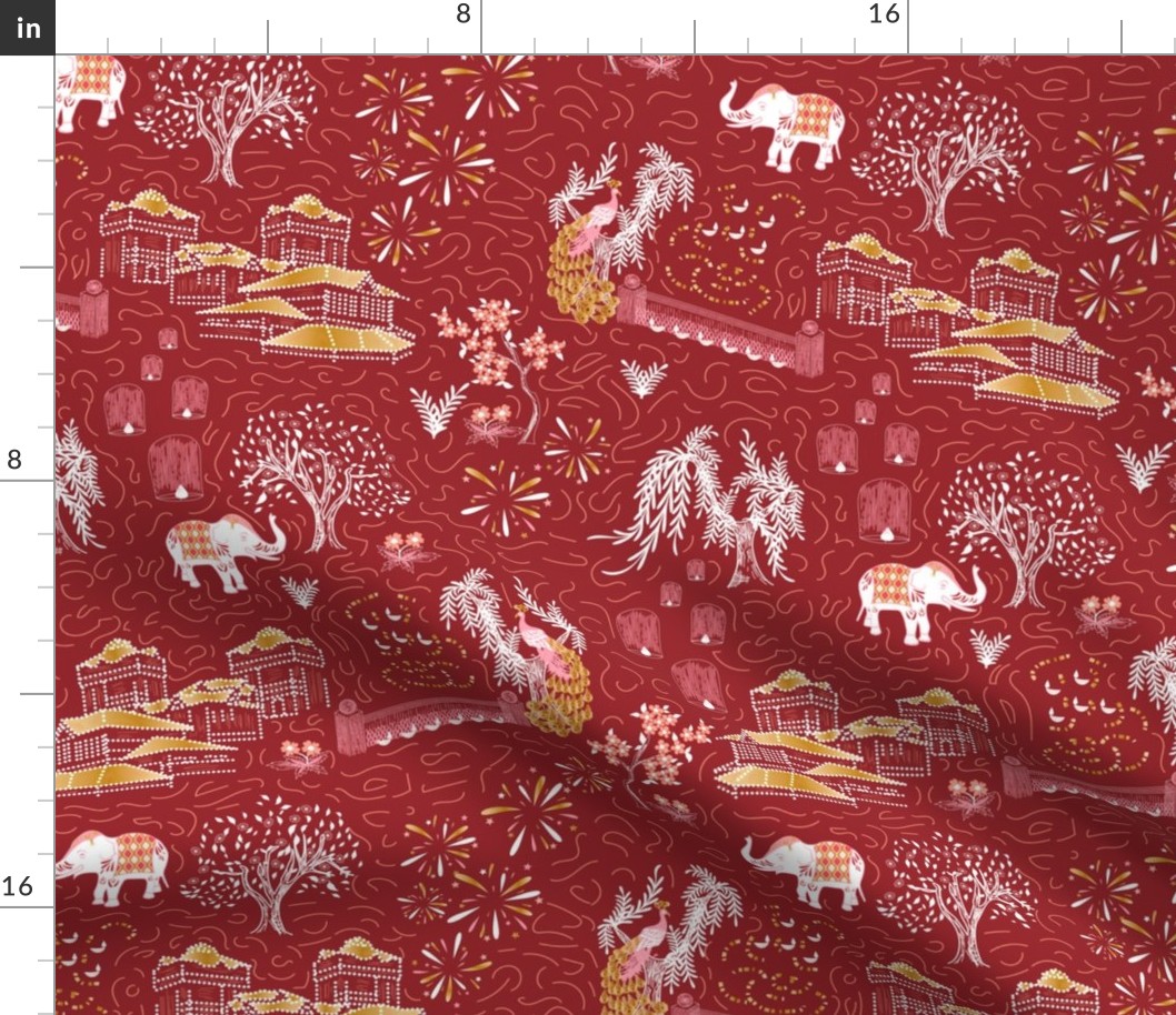 Celebration Toile- Festival of Lights- White and Gold on Ruby Red- Regular Scale