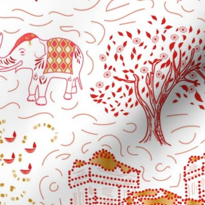 Celebration Toile- Festival of Lights- Red and Gold on White- Large Scale