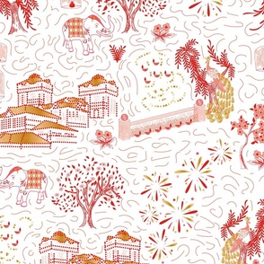 Celebration Toile- Festival of Lights- Red and Gold on White- Large Scale