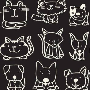 Cats and Dogs, Line Drawing in White on Black 