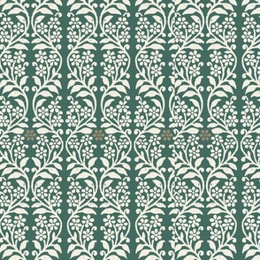 Vintage Floral Block Print Design, Cream on Green