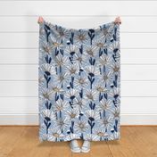 Large jumbo scale // Field of daisies // sky blue background white and mushroom brown daisy flowers oxford navy blue line contour