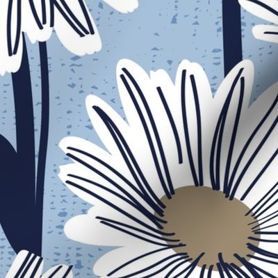 Large jumbo scale // Field of daisies // sky blue background white and mushroom brown daisy flowers oxford navy blue line contour